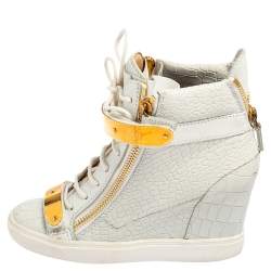 Pre Owned Giuseppe Zanotti White Croc Embossed Leather Coby High-Top Sneakers Size 38