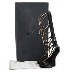 Giuseppe Zanotti Black Suede Gold Bar Sculpted Gladiator Sandals Size 37