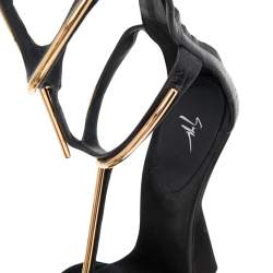 Giuseppe Zanotti Black Suede Gold Bar Sculpted Gladiator Sandals Size 37