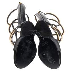 Giuseppe Zanotti Black Suede Gold Bar Sculpted Gladiator Sandals Size 37