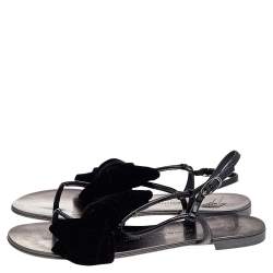 Pre Owned Giuseppe Zanotti Black Patent Leather And Velvet Bow Ankle Strap Flat Sandals Size 39.5