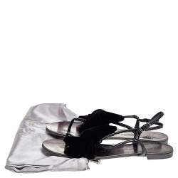 Pre Owned Giuseppe Zanotti Black Patent Leather And Velvet Bow Ankle Strap Flat Sandals Size 39.5