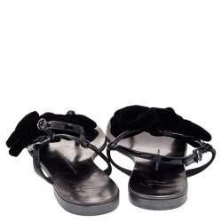 Pre Owned Giuseppe Zanotti Black Patent Leather And Velvet Bow Ankle Strap Flat Sandals Size 39.5