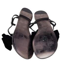 Pre Owned Giuseppe Zanotti Black Patent Leather And Velvet Bow Ankle Strap Flat Sandals Size 39.5