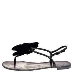 Pre Owned Giuseppe Zanotti Black Patent Leather And Velvet Bow Ankle Strap Flat Sandals Size 39.5