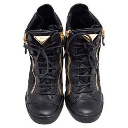 Pre Owned Giuseppe Zanotti Black Leather Double Zip Wedge Sneakers 39