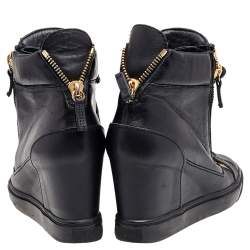 Pre Owned Giuseppe Zanotti Black Leather Double Zip Wedge Sneakers 39