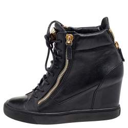 Pre Owned Giuseppe Zanotti Black Leather Double Zip Wedge Sneakers 39