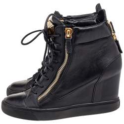 Pre Owned Giuseppe Zanotti Black Leather Double Zip Wedge Sneakers 39