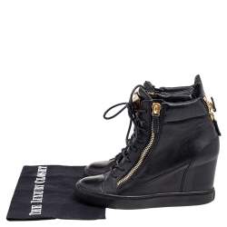 Pre Owned Giuseppe Zanotti Black Leather Double Zip Wedge Sneakers 39