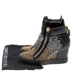 Pre Owned Giuseppe Zanotti Black Suede And Leather Crystal Embellished Suede Wedge Sneakers Size 35