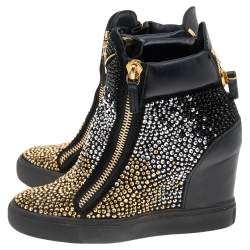 Pre Owned Giuseppe Zanotti Black Suede And Leather Crystal Embellished Suede Wedge Sneakers Size 35