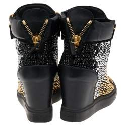 Pre Owned Giuseppe Zanotti Black Suede And Leather Crystal Embellished Suede Wedge Sneakers Size 35