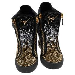 Pre Owned Giuseppe Zanotti Black Suede And Leather Crystal Embellished Suede Wedge Sneakers Size 35