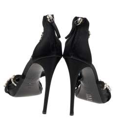 Giuseppe Zanotti Black Satin Crystal Embellished Strappy Zipper Sandals Size 39
