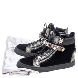 Pre Owned Giuseppe Zanotti Black Leather and Velvet Crystal Strap High Top Sneakers Size 39.5