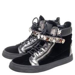 Pre Owned Giuseppe Zanotti Black Leather and Velvet Crystal Strap High Top Sneakers Size 39.5