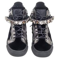 Pre Owned Giuseppe Zanotti Black Leather and Velvet Crystal Strap High Top Sneakers Size 39.5