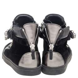 Pre Owned Giuseppe Zanotti Black Leather and Velvet Crystal Strap High Top Sneakers Size 39.5