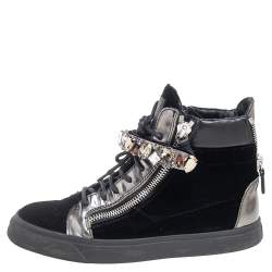Pre Owned Giuseppe Zanotti Black Leather and Velvet Crystal Strap High Top Sneakers Size 39.5
