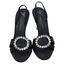 Pre Owned Giuseppe Zanotti Black Fabric Crystal Embellished Sandals Size 37