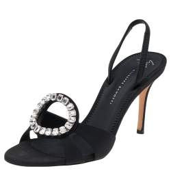 Pre Owned Giuseppe Zanotti Black Fabric Crystal Embellished Sandals Size 37
