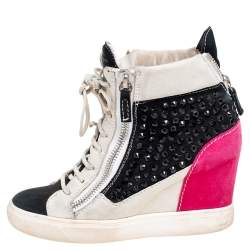 Pre Owned Giuseppe Zanotti Multicolor Crystal Embellished Suede Wedge Sneakers Size 37