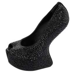Pre Owned Giuseppe Zanotti Black Crystal Embellished Suede Heelless Peep Toe Platform Pumps Size 37