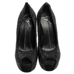 Pre Owned Giuseppe Zanotti Black Crystal Embellished Suede Heelless Peep Toe Platform Pumps Size 37