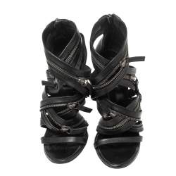 Giuseppe Zanotti For Pierre Balmain Black Leather Zip-Embellished Sandals Size 36.5