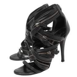 Giuseppe Zanotti For Pierre Balmain Black Leather Zip-Embellished Sandals Size 36.5