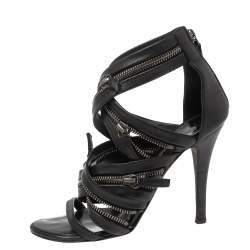 Giuseppe Zanotti For Pierre Balmain Black Leather Zip-Embellished Sandals Size 36.5