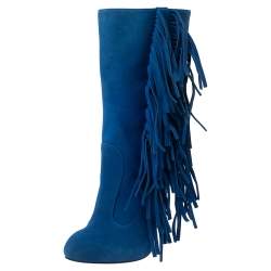 Giuseppe Zanotti Blue Suede Fringe Detail Mid Calf Boots Size 37