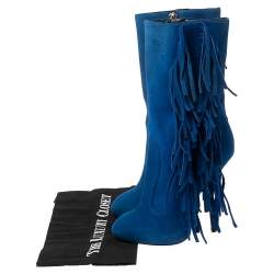 Giuseppe Zanotti Blue Suede Fringe Detail Mid Calf Boots Size 37