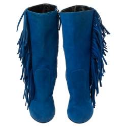 Giuseppe Zanotti Blue Suede Fringe Detail Mid Calf Boots Size 37