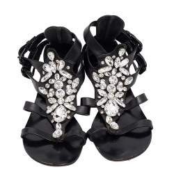 Giuseppe Zanotti Black Leather Crystal Embellished Ankle Strap Flat Sandals Size 36 
