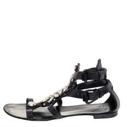 Giuseppe Zanotti Black Leather Crystal Embellished Ankle Strap Flat Sandals Size 36 