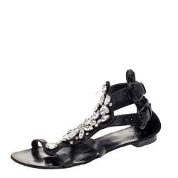 Giuseppe Zanotti Black Leather Crystal Embellished Ankle Strap Flat Sandals Size 36 