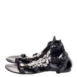 Giuseppe Zanotti Black Leather Crystal Embellished Ankle Strap Flat Sandals Size 36 