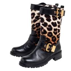 Pre Owned حذاء بوت منتصف ساق جوسيبي زانوتي جلد وشعر عجل بيج/ أسود مقاس 39