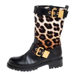 Pre Owned حذاء بوت منتصف ساق جوسيبي زانوتي جلد وشعر عجل بيج/ أسود مقاس 39