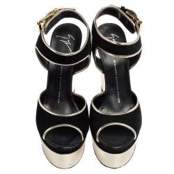 Pre Owned Giuseppe Zanotti Black/Gold Suede and Leather Trim Wedge Platform Sandals Size 38