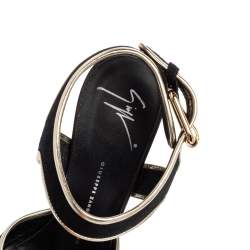 Pre Owned Giuseppe Zanotti Black/Gold Suede and Leather Trim Wedge Platform Sandals Size 38