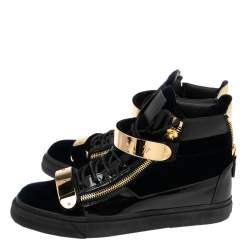 Pre Owned Giuseppe Zanotti Navy Blue/Black Velvet and Patent Leather Coby High-Top Sneakers Size 43