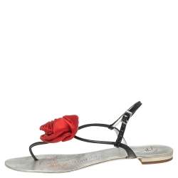 Giuseppe Zanotti Silver Patent Leather Flower Embellished  Flat Thong Sandals Size 37.5