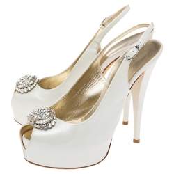 مملوكة مسبقًا Guiseppe Zannotti Cream Leather Peep Toe Slingback Platform Sandals Size 38