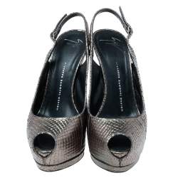 Pre Owned صندل جوسيبي زانوت ي فتحة كعب نعل سميك مقدمة مفتوحة جلد نقش ثعبان ميتالك مقاس 38