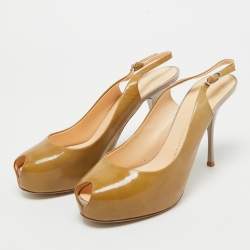 Giuseppe Zanotti Beige Patent Leather Peep Toe Slingback Pumps Size 41