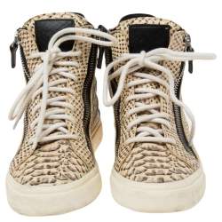 Pre Owned Giuseppe Zanotti Beige/Black Python Embossed Leather High Top Sneakers Size 36