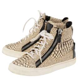 Pre Owned Giuseppe Zanotti Beige/Black Python Embossed Leather High Top Sneakers Size 36